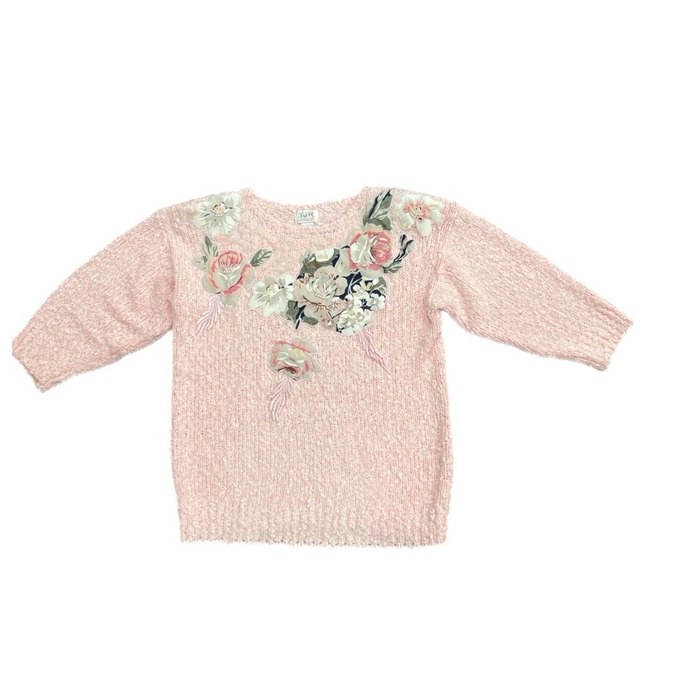 VTG TJW Mervyns Women M Pink Floral appliqué Sweater  3/4 Sleeve Shoulder Pads